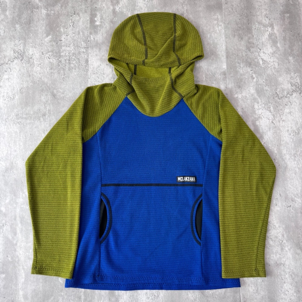 Melanzana Micro Grid Hoodie Kids L Blue Green Lightweight Camping Fleece Granola